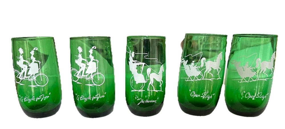5 Vintage Anchor Hocking Forest Green Gay 90's Transportation Tall Tumblers EUC